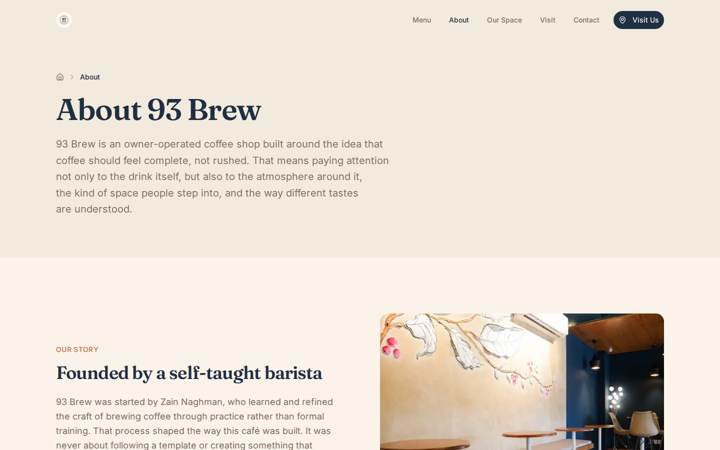 The 93 Brew about page, telling the café's story beside a photograph of the interior