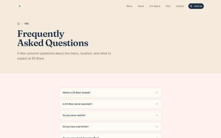 The 93 Brew FAQ page, a list of expandable questions about the menu and location