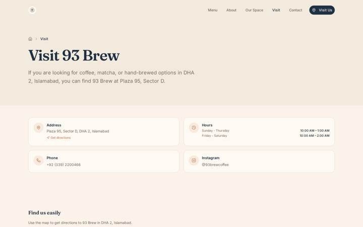 The 93 Brew visit page, with the address, opening hours and a map link