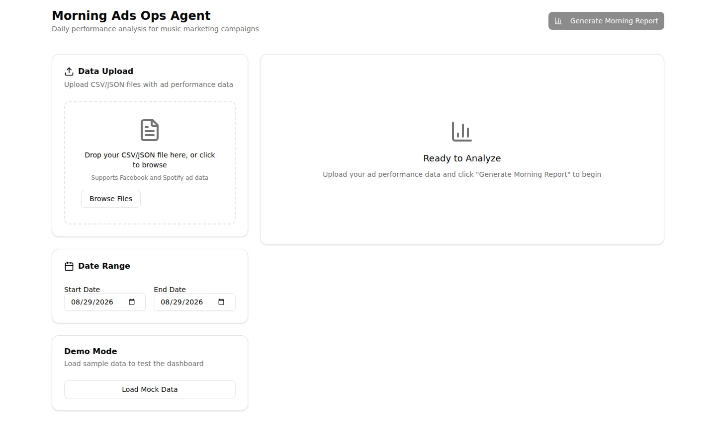 The ads-ops prototype's start screen: a drop zone for a CSV or JSON export, a start and end date, a demo mode button, and an empty report panel
