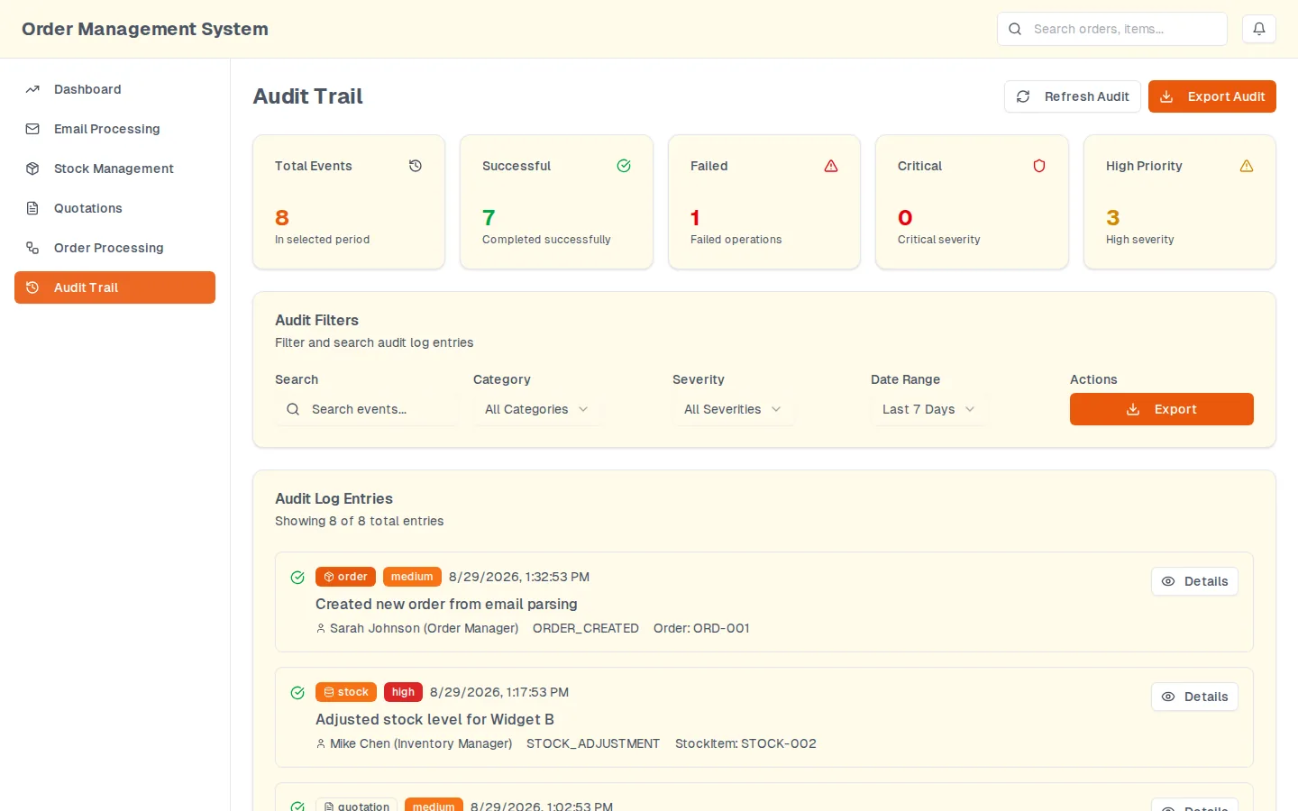 The audit trail screen: event counters, a filter row for search, category, severity and date range, and log entries naming the actor, the operation and the affected record