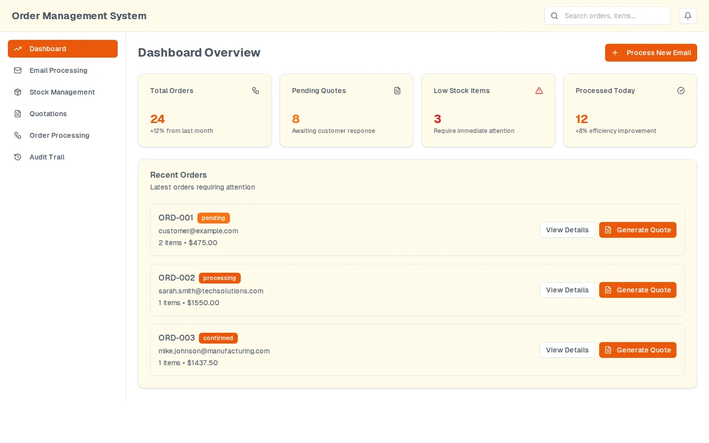 The prototype dashboard: four counter cards across the top and a recent-orders list below, each order row carrying a state and two actions