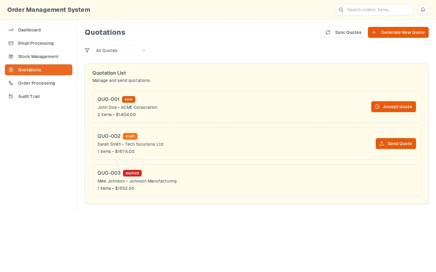 The quotations screen: a filterable list of quotes, each with a state and the single action that state allows